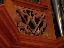 Carved wood instruments, harp. Grace Lutheran Church, Tacoma, WA